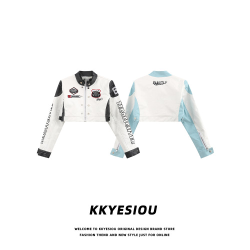 KKyesiou美式復古機車風辣妹短款皮衣小外套女立領高腰刺綉棒球服 KKyesiou美式復古機車風辣妹短款皮衣小外套女立領高腰刺綉棒球服