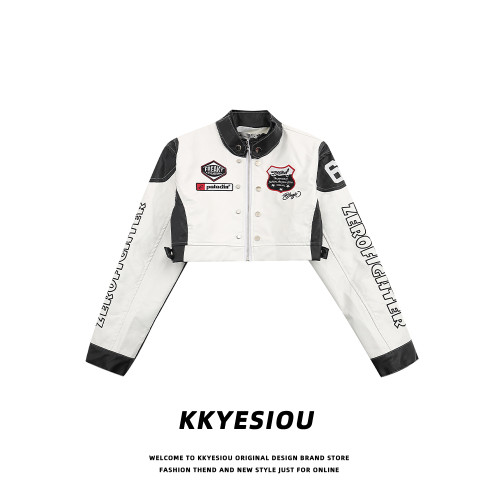 KKyesiou美式復古機車風辣妹短款皮衣小外套女立領高腰刺綉棒球服 KKyesiou美式復古機車風辣妹短款皮衣小外套女立領高腰刺綉棒球服