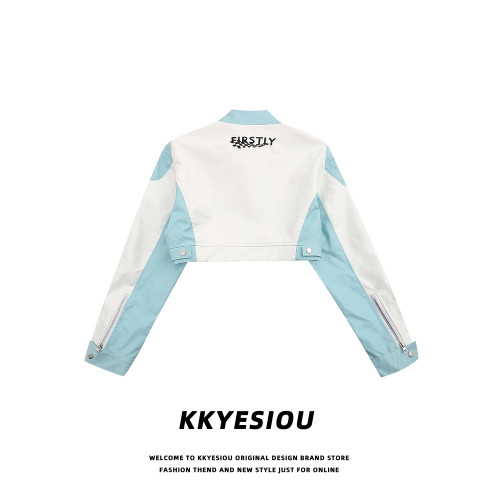 KKyesiou美式復古機車風辣妹短款皮衣小外套女立領高腰刺綉棒球服 KKyesiou美式復古機車風辣妹短款皮衣小外套女立領高腰刺綉棒球服
