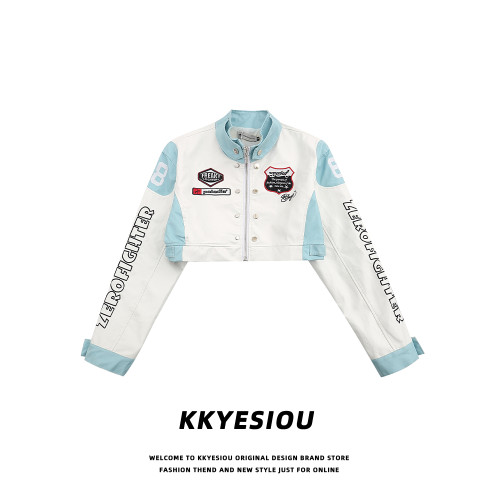 KKyesiou美式復古機車風辣妹短款皮衣小外套女立領高腰刺綉棒球服 KKyesiou美式復古機車風辣妹短款皮衣小外套女立領高腰刺綉棒球服