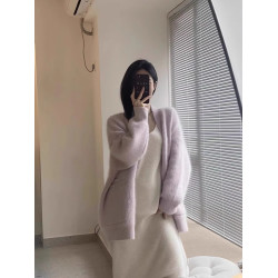 奶fufu軟糯水貂絨V領毛衣外套女秋冬溫柔香芋紫針織開衫寬松上衣