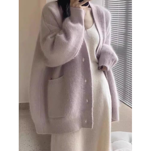 奶fufu軟糯水貂絨V領毛衣外套女秋冬溫柔香芋紫針織開衫寬松上衣