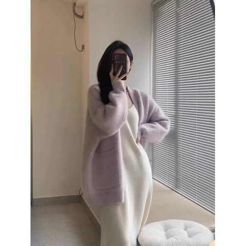 奶fufu軟糯水貂絨V領毛衣外套女秋冬溫柔香芋紫針織開衫寬松上衣