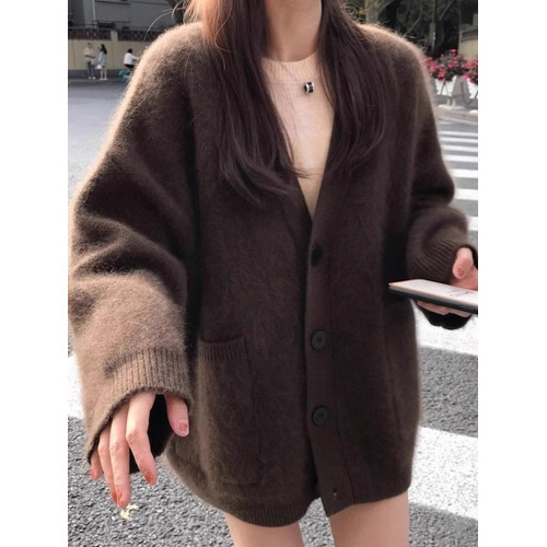 奶fufu軟糯水貂絨V領毛衣外套女秋冬溫柔香芋紫針織開衫寬松上衣