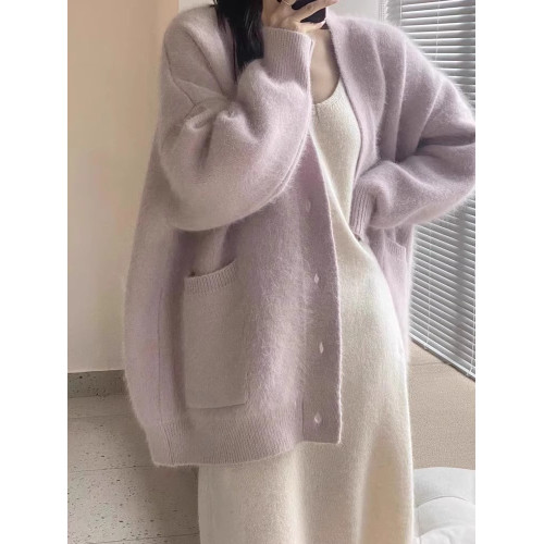 奶fufu軟糯水貂絨V領毛衣外套女秋冬溫柔香芋紫針織開衫寬松上衣