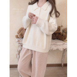 仿貂絨 溫柔奶白色 POLO領 日雜風 插肩袖 毛茸茸 日系寬松毛衣 K