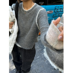 韓系慵懶馬海毛灰色毛衣女秋冬撞色寬松假兩件套頭針織衫內搭上衣