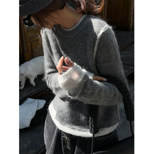 韓系慵懶馬海毛灰色毛衣女秋冬撞色寬松假兩件套頭針織衫內搭上衣 韓系慵懶馬海毛灰色毛衣女秋冬撞色寬松假兩件套頭針織衫內搭上衣