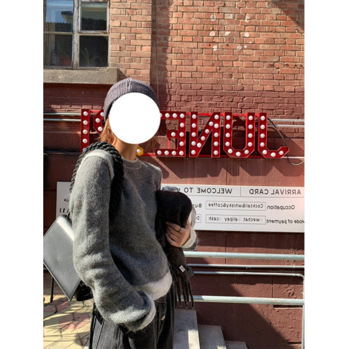 韓系慵懶馬海毛灰色毛衣女秋冬撞色寬松假兩件套頭針織衫內搭上衣 韓系慵懶馬海毛灰色毛衣女秋冬撞色寬松假兩件套頭針織衫內搭上衣