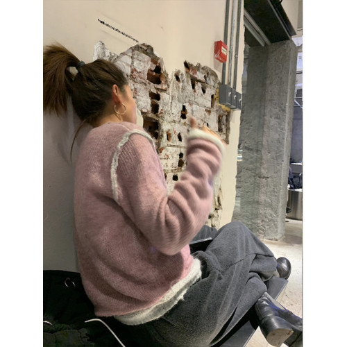 韓系慵懶馬海毛灰色毛衣女秋冬撞色寬松假兩件套頭針織衫內搭上衣 韓系慵懶馬海毛灰色毛衣女秋冬撞色寬松假兩件套頭針織衫內搭上衣