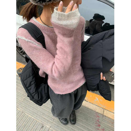 韓系慵懶馬海毛灰色毛衣女秋冬撞色寬松假兩件套頭針織衫內搭上衣 韓系慵懶馬海毛灰色毛衣女秋冬撞色寬松假兩件套頭針織衫內搭上衣