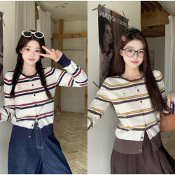 小吉家大碼女裝秋季新款條紋撞色小狗刺綉薄款針織衫韓系減齡上衣