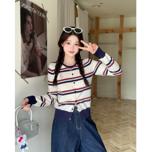 小吉家大碼女裝秋季新款條紋撞色小狗刺綉薄款針織衫韓系減齡上衣 小吉家大碼女裝秋季新款條紋撞色小狗刺綉薄款針織衫韓系減齡上衣