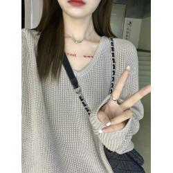 寬松V領毛衣女慵懶風2024春秋冬季新款高級感長袖套頭針織衫上衣