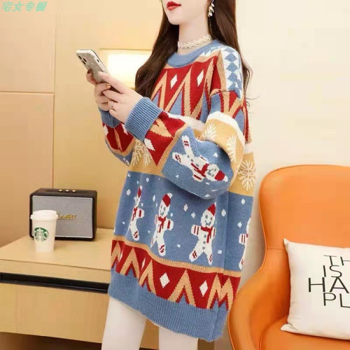 聖誕紅色毛衣女2021年新款慵懶風冬季圓領針織衫動漫套頭加厚上衣 聖誕紅色毛衣女2021年新款慵懶風冬季圓領針織衫動漫套頭加厚上衣