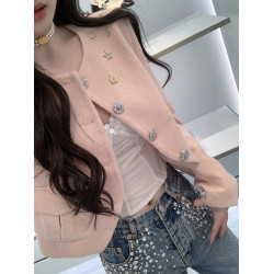 FFmiss◆小香風粉色鑲鑽羊毛呢短外套女設計感粗花呢修身西裝開衫