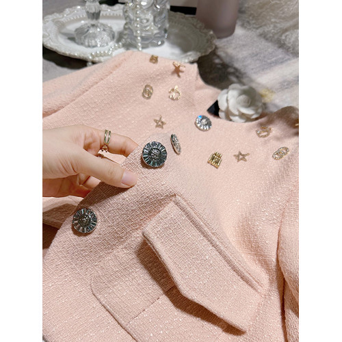 FFmiss◆小香風粉色鑲鑽羊毛呢短外套女設計感粗花呢修身西裝開衫 FFmiss◆小香風粉色鑲鑽羊毛呢短外套女設計感粗花呢修身西裝開衫