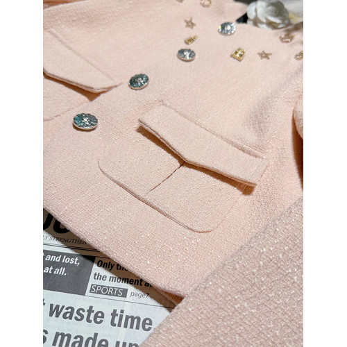 FFmiss◆小香風粉色鑲鑽羊毛呢短外套女設計感粗花呢修身西裝開衫 FFmiss◆小香風粉色鑲鑽羊毛呢短外套女設計感粗花呢修身西裝開衫