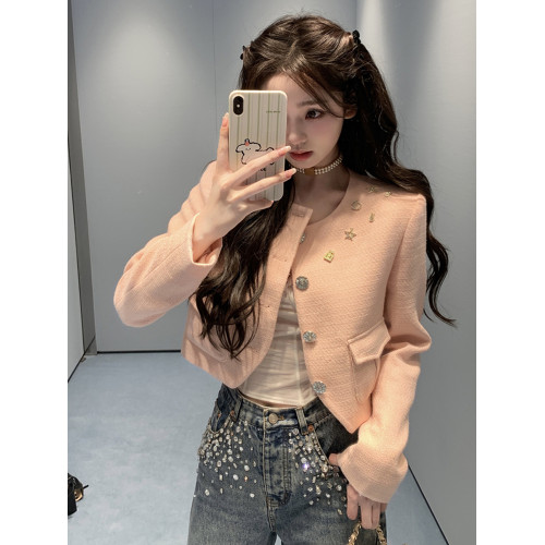 FFmiss◆小香風粉色鑲鑽羊毛呢短外套女設計感粗花呢修身西裝開衫 FFmiss◆小香風粉色鑲鑽羊毛呢短外套女設計感粗花呢修身西裝開衫