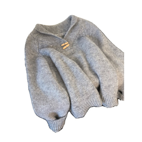 慵懶風牛角釦灰色翻領毛衣女早秋裝大碼胖mm插肩袖正肩顯瘦針織衫 慵懶風牛角釦灰色翻領毛衣女早秋裝大碼胖mm插肩袖正肩顯瘦針織衫