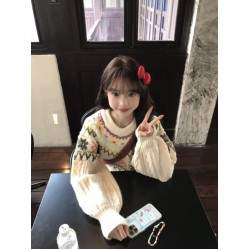 復古費爾島毛衣女秋冬新款慵懶風溫柔圓領加厚韓系超好看上衣