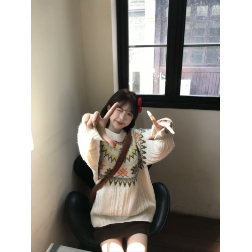 復古費爾島毛衣女秋冬新款慵懶風溫柔圓領加厚韓系超好看上衣
