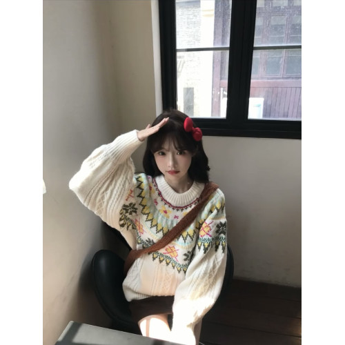 復古費爾島毛衣女秋冬新款慵懶風溫柔圓領加厚韓系超好看上衣