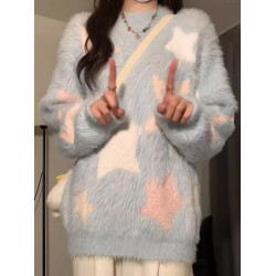 星星軟糯慵懶風藍色毛衣女秋冬水貂毛套頭圓領加厚上衣寬松顯瘦