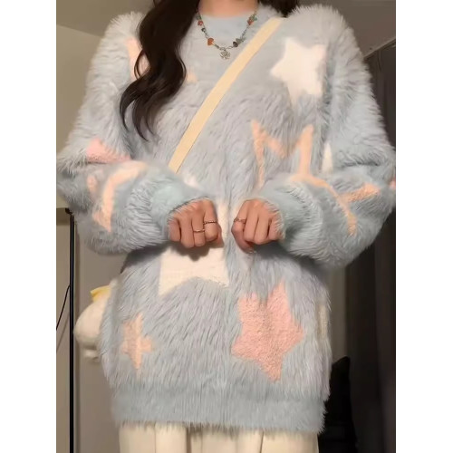 星星軟糯慵懶風藍色毛衣女秋冬水貂毛套頭圓領加厚上衣寬松顯瘦 星星軟糯慵懶風藍色毛衣女秋冬水貂毛套頭圓領加厚上衣寬松顯瘦