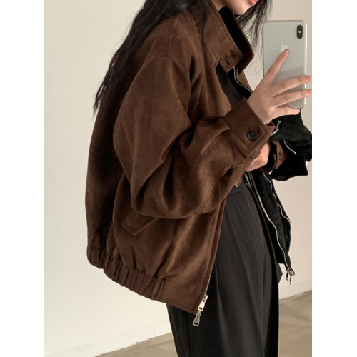 美拉德穿搭麂皮絨外套女秋冬設計感小衆短款美式飛行員夾克上衣潮 美拉德穿搭麂皮絨外套女秋冬設計感小衆短款美式飛行員夾克上衣潮