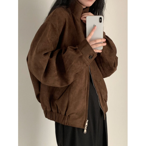 美拉德穿搭麂皮絨外套女秋冬設計感小衆短款美式飛行員夾克上衣潮 美拉德穿搭麂皮絨外套女秋冬設計感小衆短款美式飛行員夾克上衣潮