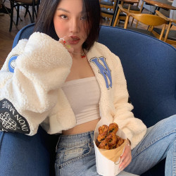 學院風字母刺綉仿羊羔毛棒球服上衣秋冬新款辣妹寬松顯瘦短外套潮