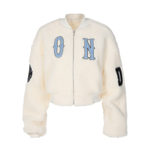 學院風字母刺綉仿羊羔毛棒球服上衣秋冬新款辣妹寬松顯瘦短外套潮 學院風字母刺綉仿羊羔毛棒球服上衣秋冬新款辣妹寬松顯瘦短外套潮