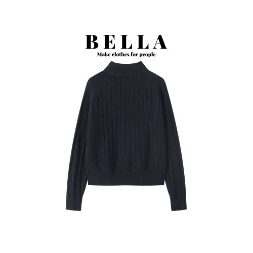 BELLA氣質立領雙拉鍊毛衣開衫外套女秋冬設計感麻花翻領針織上衣