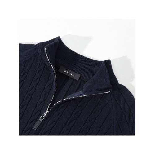 BELLA氣質立領雙拉鍊毛衣開衫外套女秋冬設計感麻花翻領針織上衣
