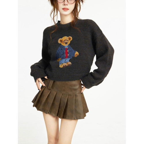 復古套頭短款小熊針織毛衣女秋冬冬季加厚小個子羊毛內搭打底上衣