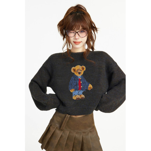 復古套頭短款小熊針織毛衣女秋冬冬季加厚小個子羊毛內搭打底上衣