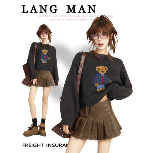 復古套頭短款小熊針織毛衣女秋冬冬季加厚小個子羊毛內搭打底上衣