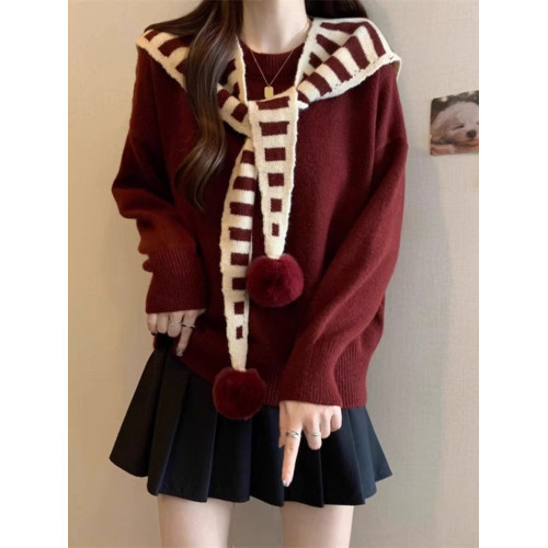 假兩件條紋披肩針織衫安可拉紅色毛衣女秋冬款大碼胖mm海軍領上衣 假兩件條紋披肩針織衫安可拉紅色毛衣女秋冬款大碼胖mm海軍領上衣