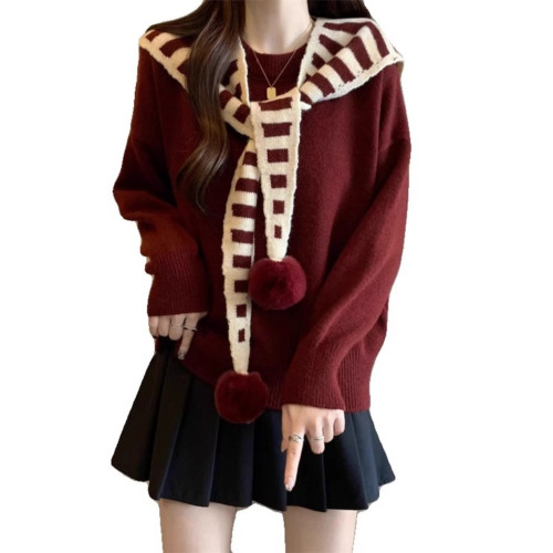 假兩件條紋披肩針織衫安可拉紅色毛衣女秋冬款大碼胖mm海軍領上衣 假兩件條紋披肩針織衫安可拉紅色毛衣女秋冬款大碼胖mm海軍領上衣