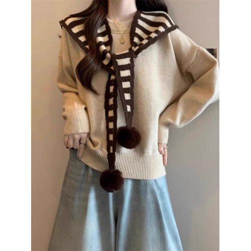 假兩件條紋披肩針織衫安可拉紅色毛衣女秋冬款大碼胖mm海軍領上衣 假兩件條紋披肩針織衫安可拉紅色毛衣女秋冬款大碼胖mm海軍領上衣