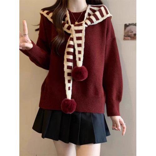 假兩件條紋披肩針織衫安可拉紅色毛衣女秋冬款大碼胖mm海軍領上衣 假兩件條紋披肩針織衫安可拉紅色毛衣女秋冬款大碼胖mm海軍領上衣