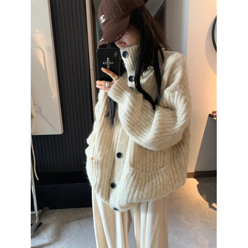 韓系穿搭慵懶風立領開衫毛衣秋冬加厚高級感寬松軟糯針織上衣外套