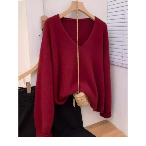 100%美麗諾羊毛衫女秋冬顯瘦歐貨慵懶針織衫v領打底套頭羊絨毛衣