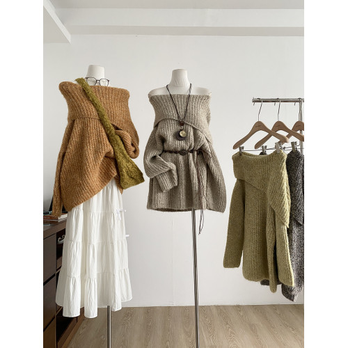 2025冬季新款韓系溫柔一字肩針織毛衣女寬松顯瘦減齡軟糯露肩上衣