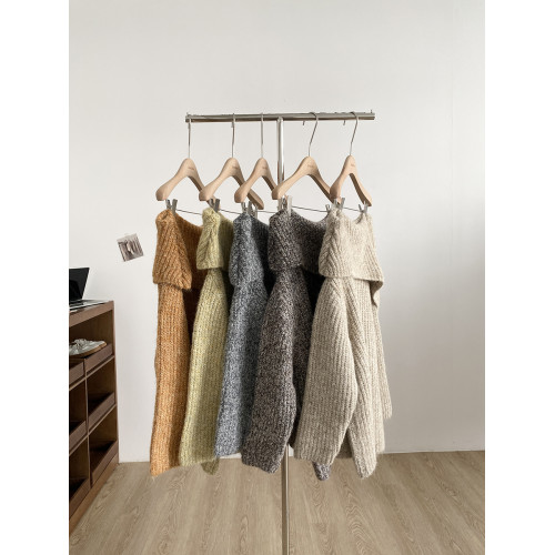 2025冬季新款韓系溫柔一字肩針織毛衣女寬松顯瘦減齡軟糯露肩上衣