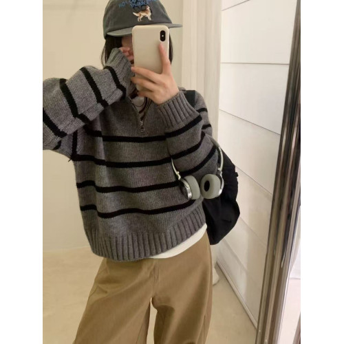 早秋韓系穿搭條紋毛衣女款秋冬2025新款立領針織衫韓國東大門上衣