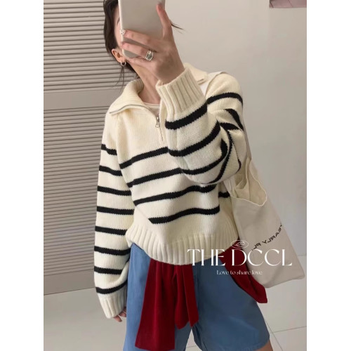 早秋韓系穿搭條紋毛衣女款秋冬2025新款立領針織衫韓國東大門上衣