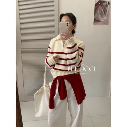 早秋韓系穿搭條紋毛衣女款秋冬2025新款立領針織衫韓國東大門上衣