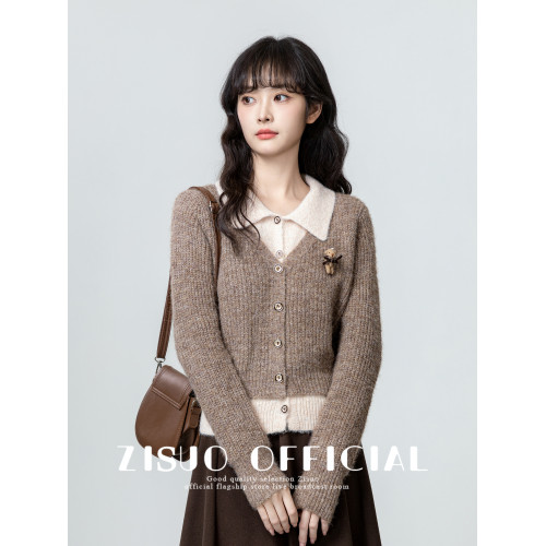 假兩件POLO領毛衣女2026春秋新款復古美拉德繙領針織開衫短款上衣